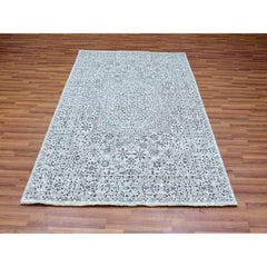 5'x7'1" Ivory Mamluk Design Tone on Tone Hand Knotted Undyed Wool Rug