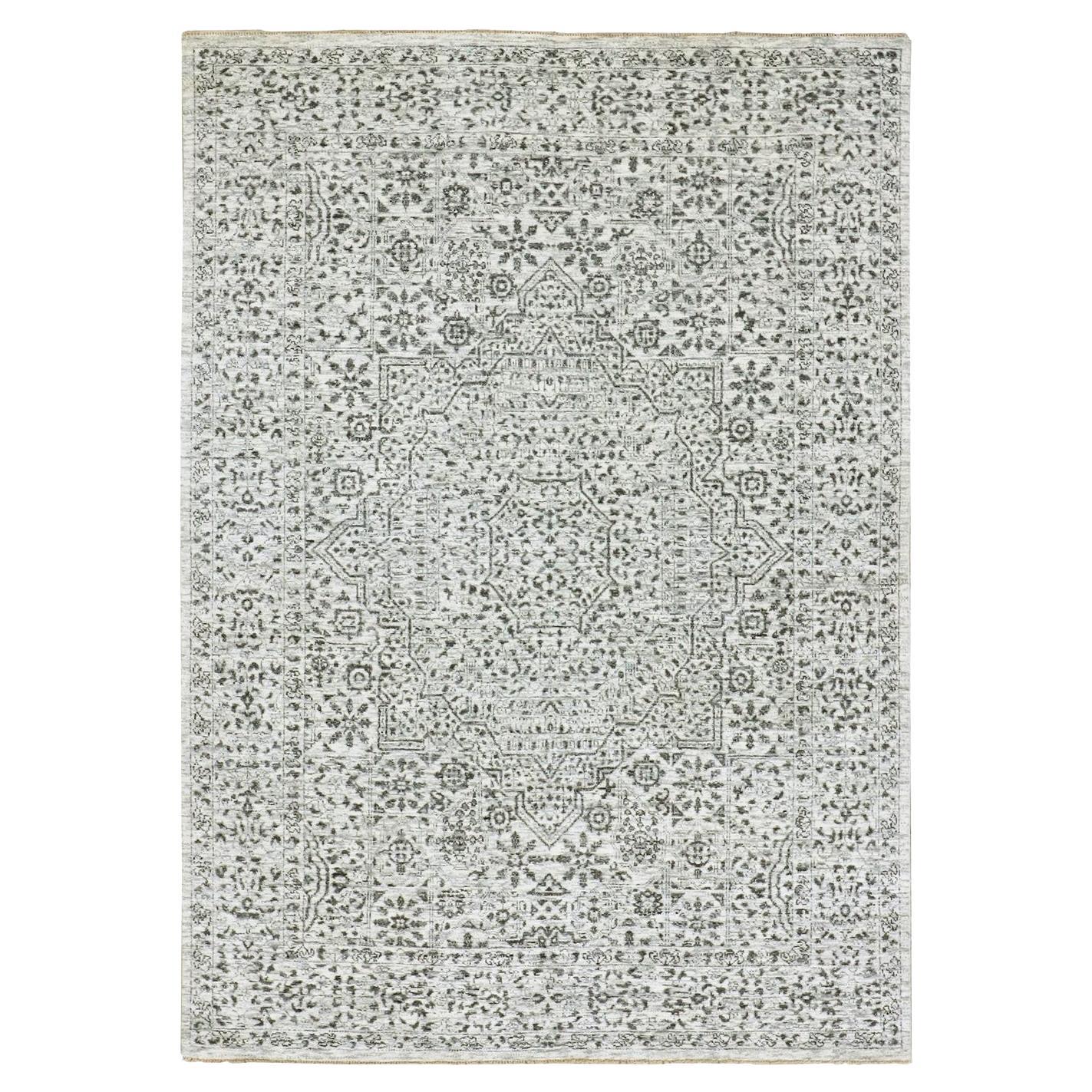 5'x7'1" Ivory Mamluke Design Onne Tone on Tone Hand Knotsted Undyed Wool Rugs