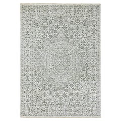 5'x7'1" Ivory Mamluk Design Tone on Tone Hand Knotted Undyed Wool Rug