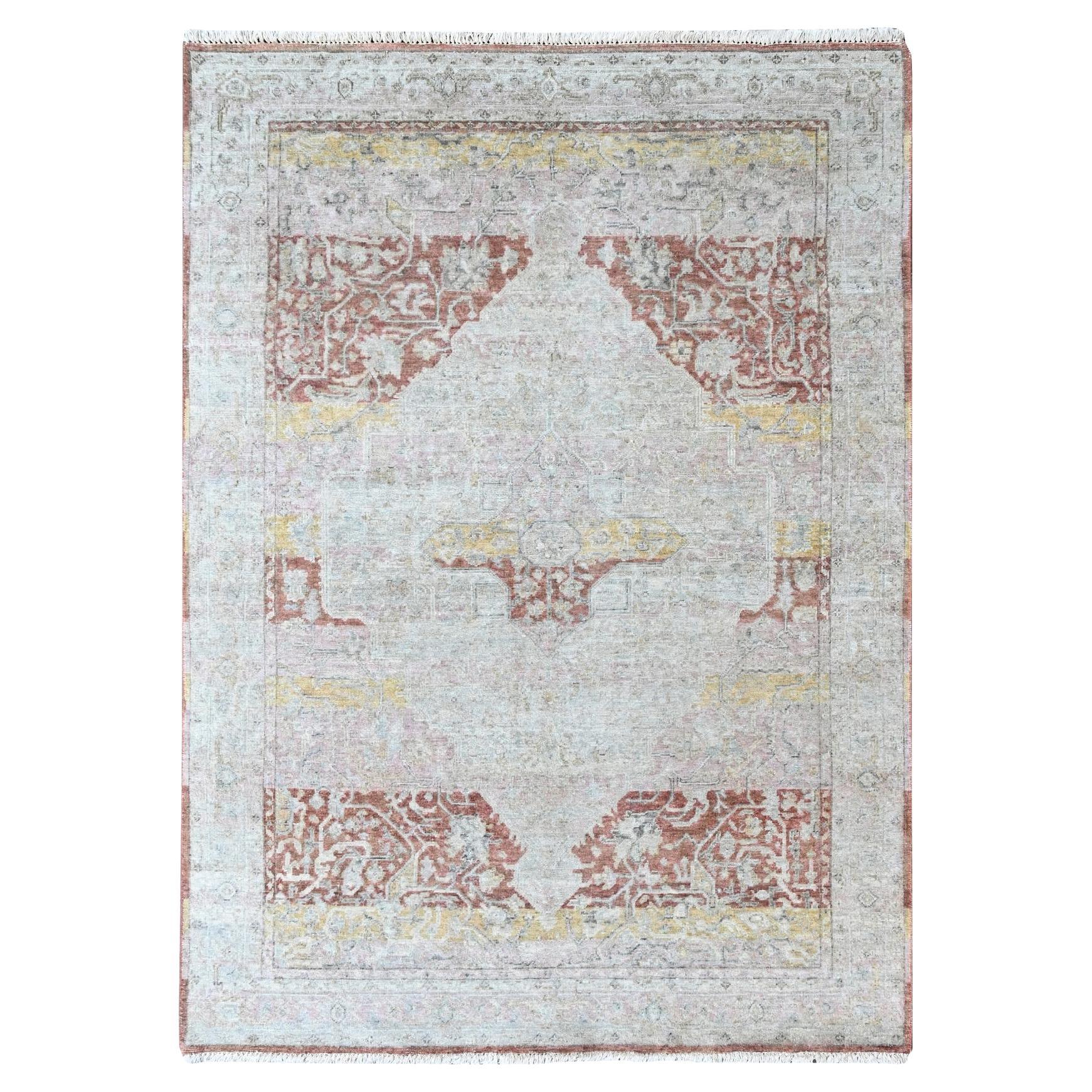 5'x7'1" Ivory with Red Ziegler Mahal Medallion Design Hand Knotted Wool Rug
