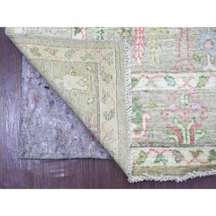 Tappeto in pura lana, 5'x7'1", verde salvia, annodato a mano, in angora, stile Oushak, con motivo Willow Tree