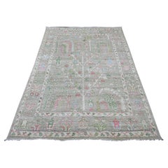 Tappeto in pura lana, 5'x7'1", verde salvia, annodato a mano, in angora, stile Oushak, con motivo Willow Tree