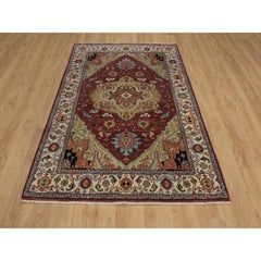 5'x7'2" Barn Red Antiqued Fine Heriz Re-Creation Soft Wool Hand Knoted Rugs