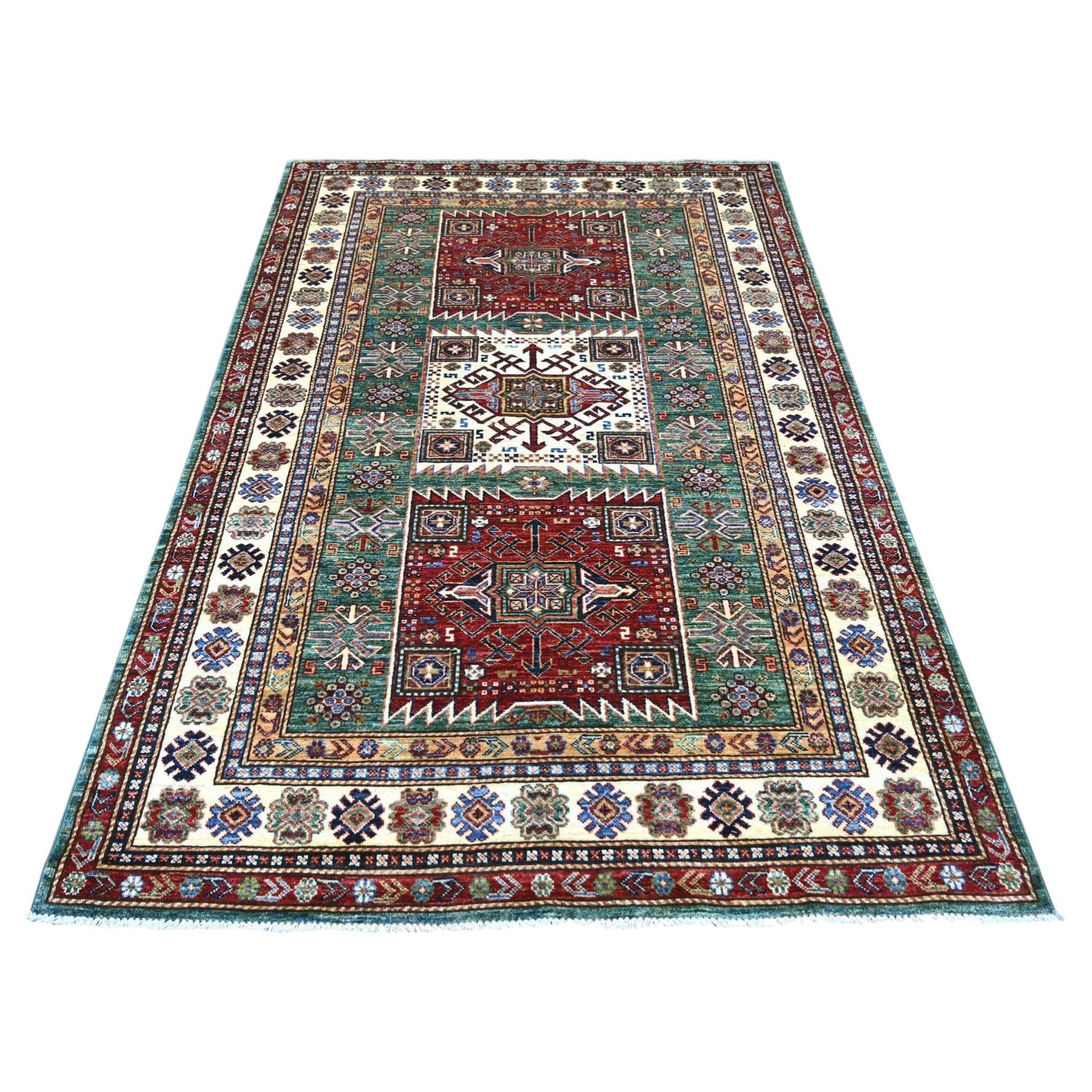 5'x7'2" Green Afghan Super Kazak Medallions Design Hand Knotted Pure Wool Rug For Sale