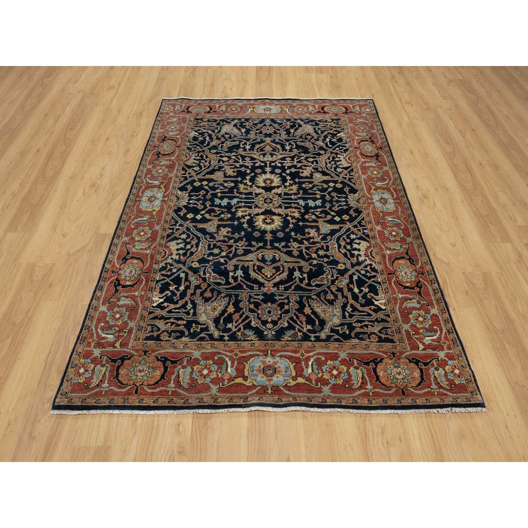 Caviar Blue, Natural Dyes, All Wool, Antiqued Fine Heriz Re-Creation, Hand Knotted, All Over Vines Design, Denser Weave, Oriental Rug
Primary materials: Wool
Latex: No Pile 
height: 0.25 Inches
Style: Traditional
Primary color: Blue
Secondary