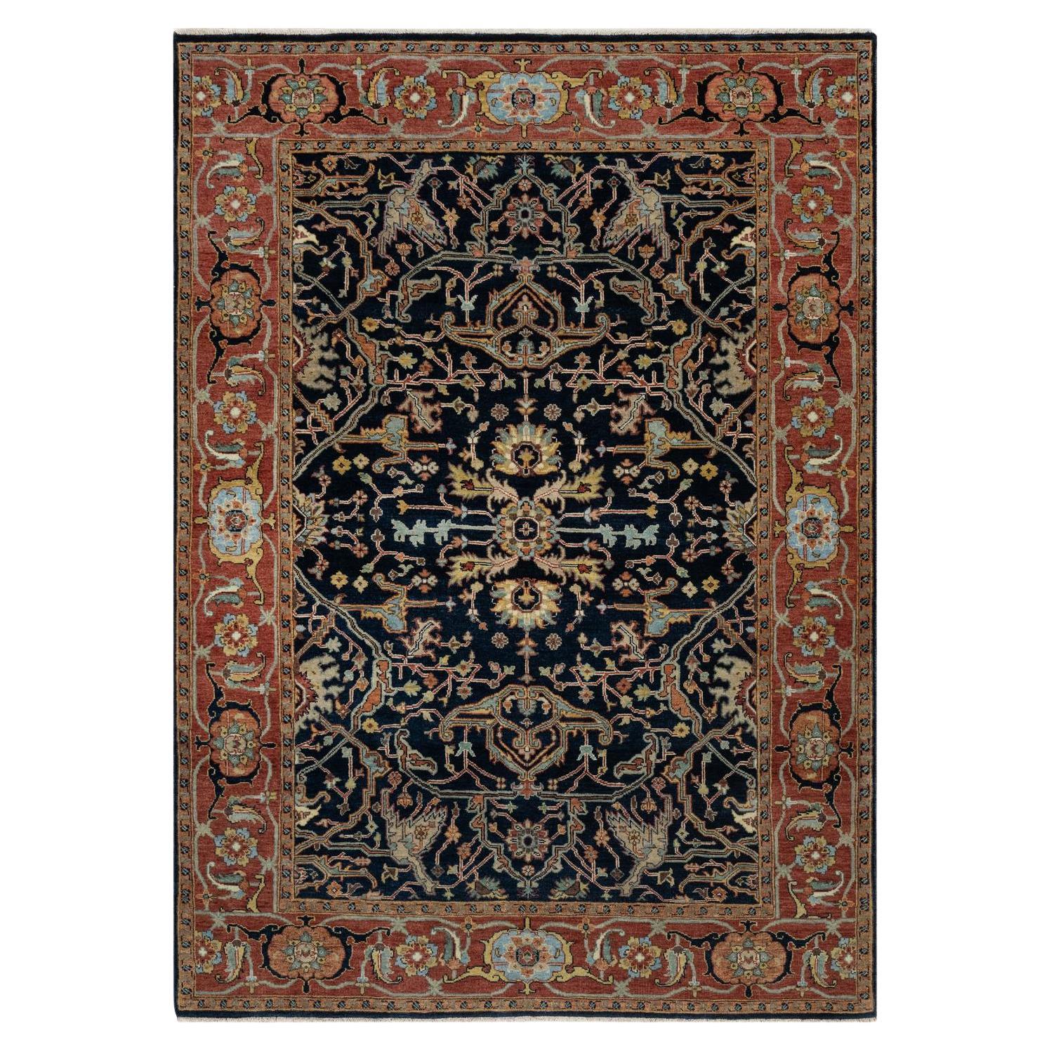 5'x7'2" Polo Blue All Wool Antiqued Fine Heriz Re-Creation Hand Knotted Rug For Sale