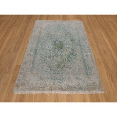 5'x7'2" Silver-Green Persian Erased Medallion Design Hand Knotted Wool Rug