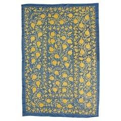 5x7.3 ft Embroidered Silk Bed Cover, Suzani Fabric Wall Hanging in Blue & Yellow
