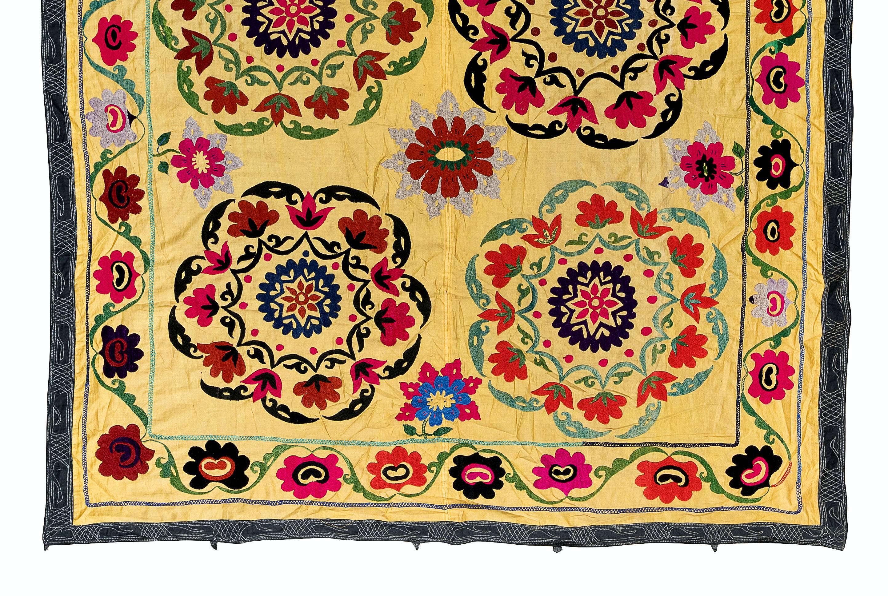 Embroidered 5x7.3 Ft Silk Embroidery Bed Cover, Uzbek Suzani Wall Hanging in Yellow For Sale