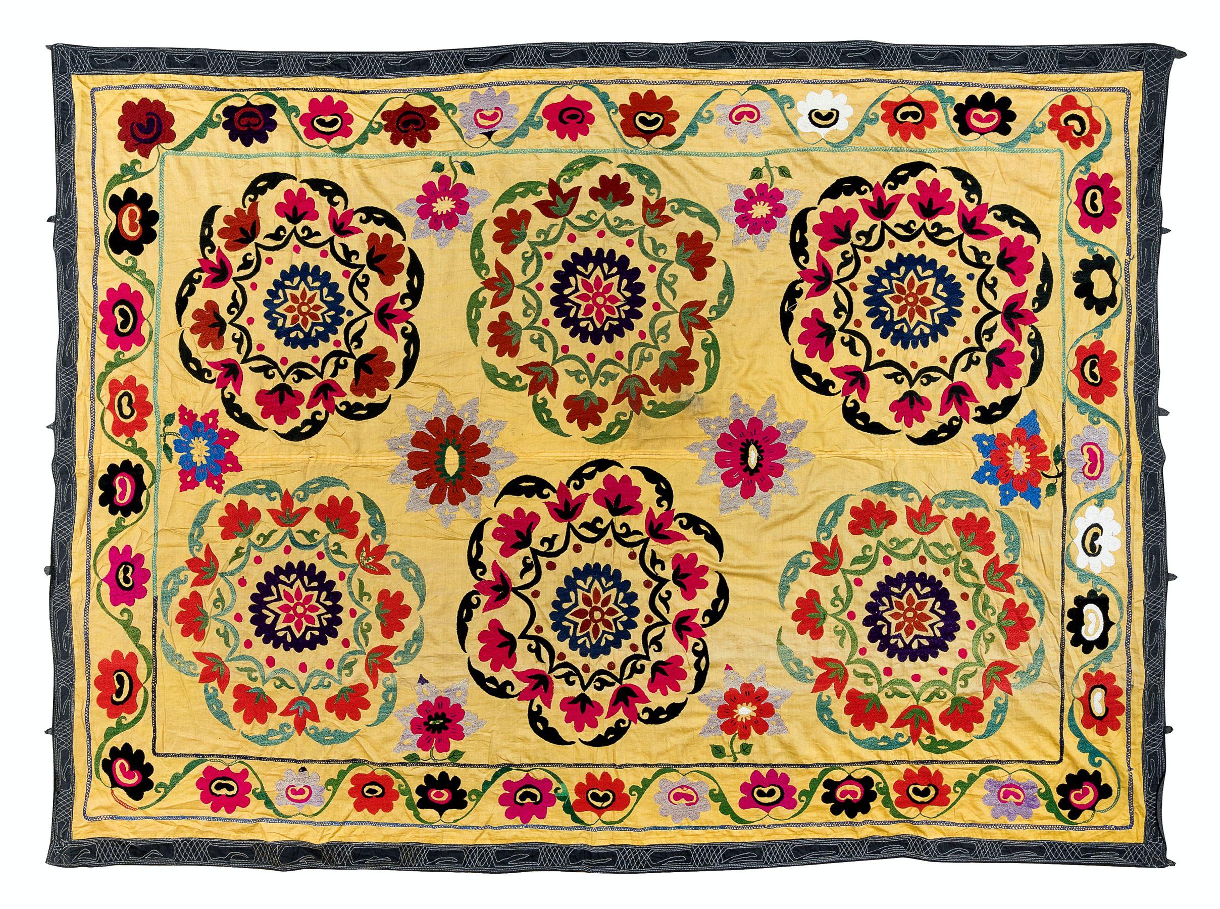 20th Century 5x7.3 Ft Silk Embroidery Bed Cover, Uzbek Suzani Wall Hanging in Yellow For Sale