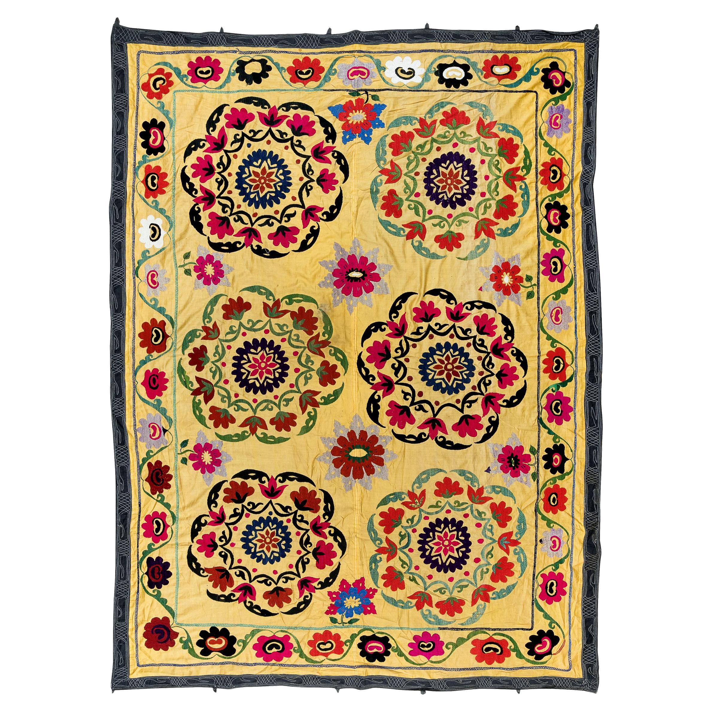 5x7.3 Ft Silk Embroidery Bed Cover, Uzbek Suzani Wall Hanging in Yellow