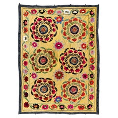 5x7.3 Ft Vintage Silk Embroidery Bed Cover, Uzbek Suzani Wall Hanging in Yellow
