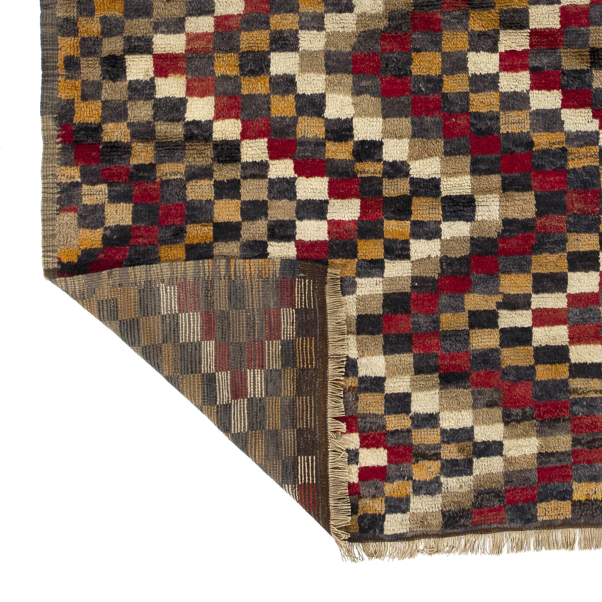 Hand-Knotted 5x7.3 Ft Vintage Handmade Tulu Rug with Checkered Zig Zag Design, 100% Wool For Sale