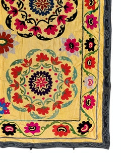5x7.3 Ft Vintage Silk Embroidery Bed Cover, Uzbek Suzani Wall Hanging in Yellow