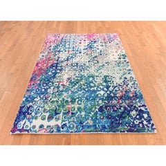 5'x7'3" Ivory with Blue Colorful THE PEACOCK Sari Silk Hand Knotted Rug