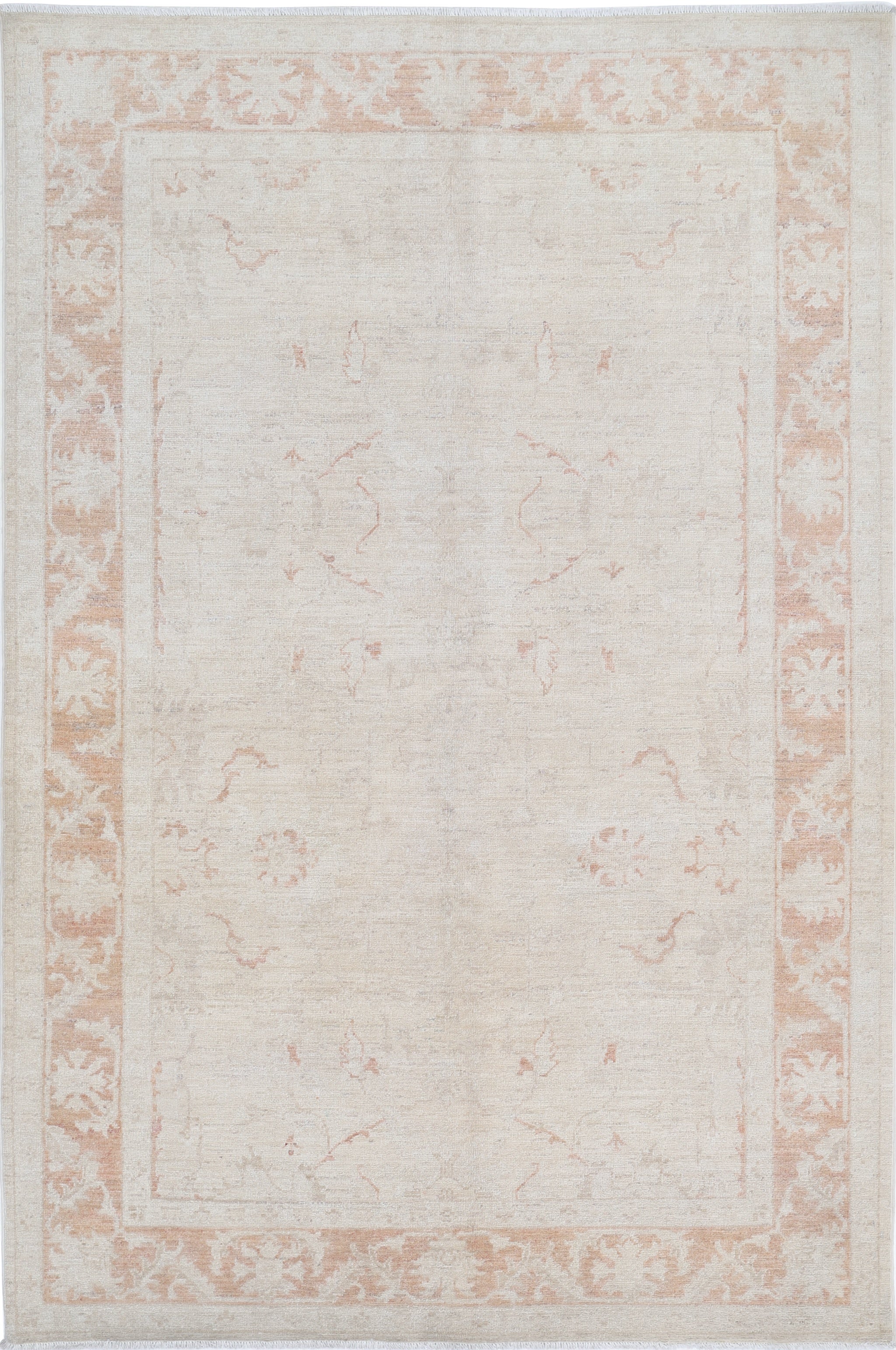 5x7.4 ft Handknotted Floral Patterned Beige Area Rug for Home Decor. 100% Wool