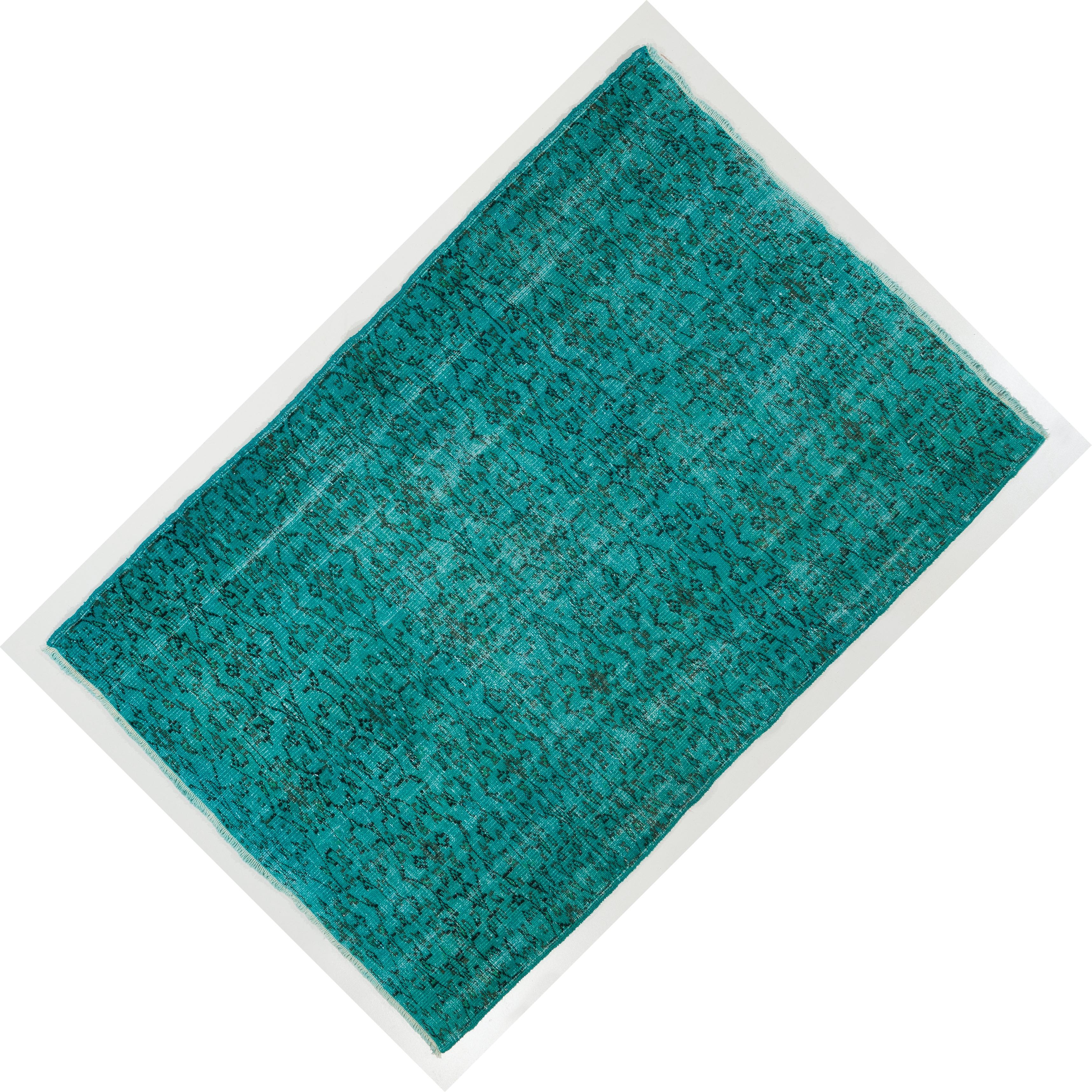 Hand-Woven 5x7.4 Ft Handmade Vintage Turkish Floral Rug in Teal Blue 4 Modern Interiors