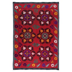5x7.4 ft Red Suzani Wall Hanging, Ca 1990, One-of-a-kind Embroidered Throw