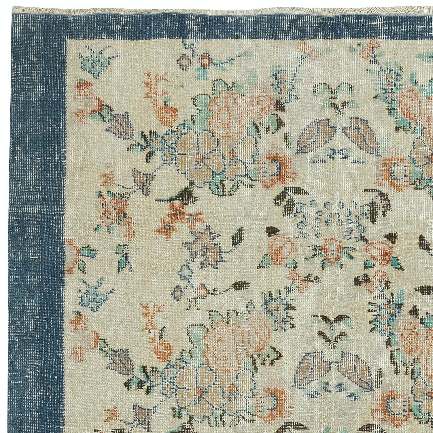 Turkish 5x7.4 Ft Vintage Hand-Made Beige Rug with Floral Design & Solid Navy Blue Border For Sale