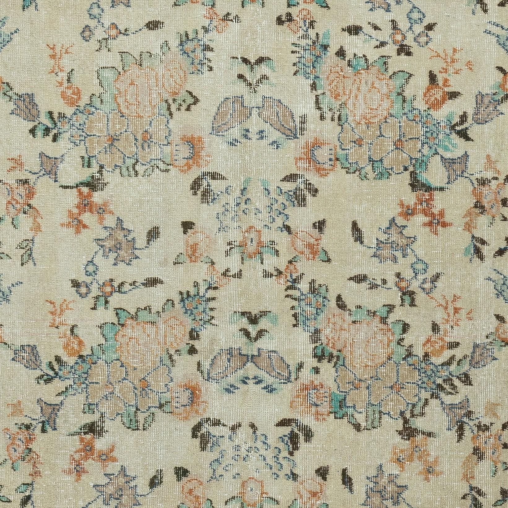 Hand-Knotted 5x7.4 Ft Vintage Hand-Made Beige Rug with Floral Design & Solid Navy Blue Border For Sale