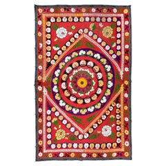 5x7.4 Ft Vintage Silk Embroidery Bedspread, Uzbek Suzani Fabric Wall Hanging