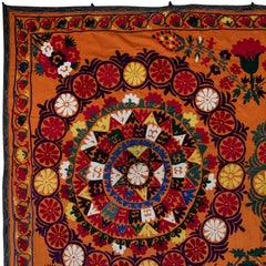 5x7.5 ft Vintage Handmade Orange Silk Wall Hanging. Fully Embroidery Bed Sheet