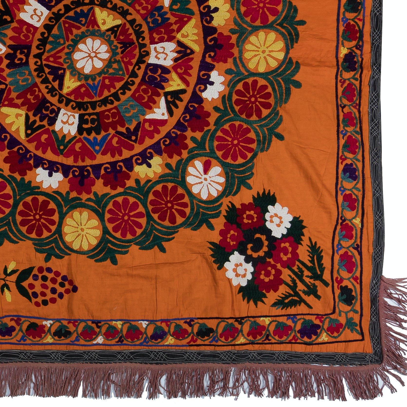 Suzani 5x7.5 ft Vintage Handmade Orange Silk Wall Hanging, Fully Embroidery Bed Sheet For Sale