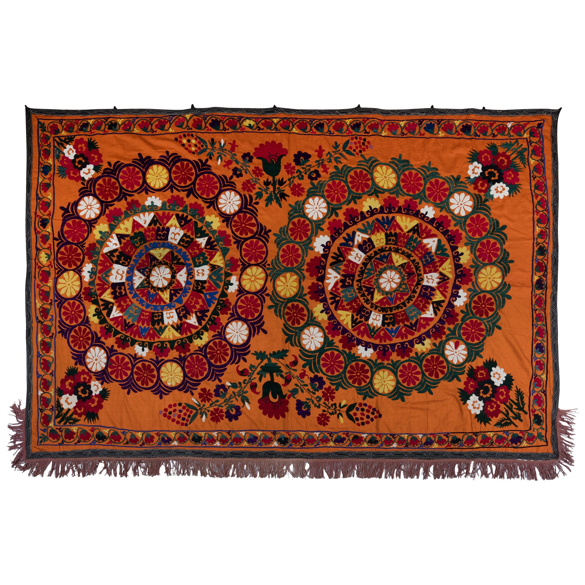 5x7.5 ft Vintage Handmade Orange Silk Wall Hanging. Fully Embroidery Bed Sheet