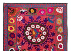 Vintage Handmade Suzani Embroidered Wall Hanging, Cotton Throw in Red