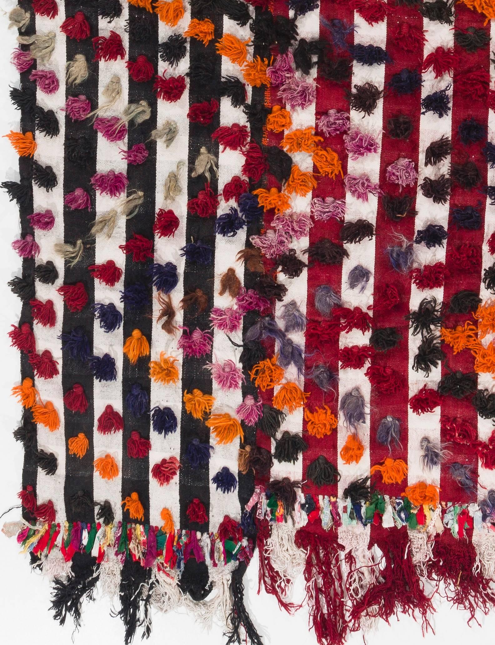 Tribal 5x7.6 Ft Vintage Handmade Kilim Rug with Colorful Poms, Wall Hanging, Folk Art For Sale