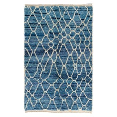 Contemporary Hand-Knotted Moroccan Rug in Indigo Blue and Ivory Colors