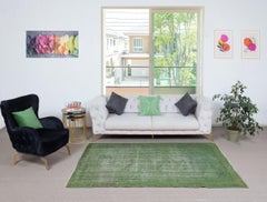 5x7.7 Ft Modern Handmade Wool Area Rug Overdyed in Green, Distressed Turkish Rug