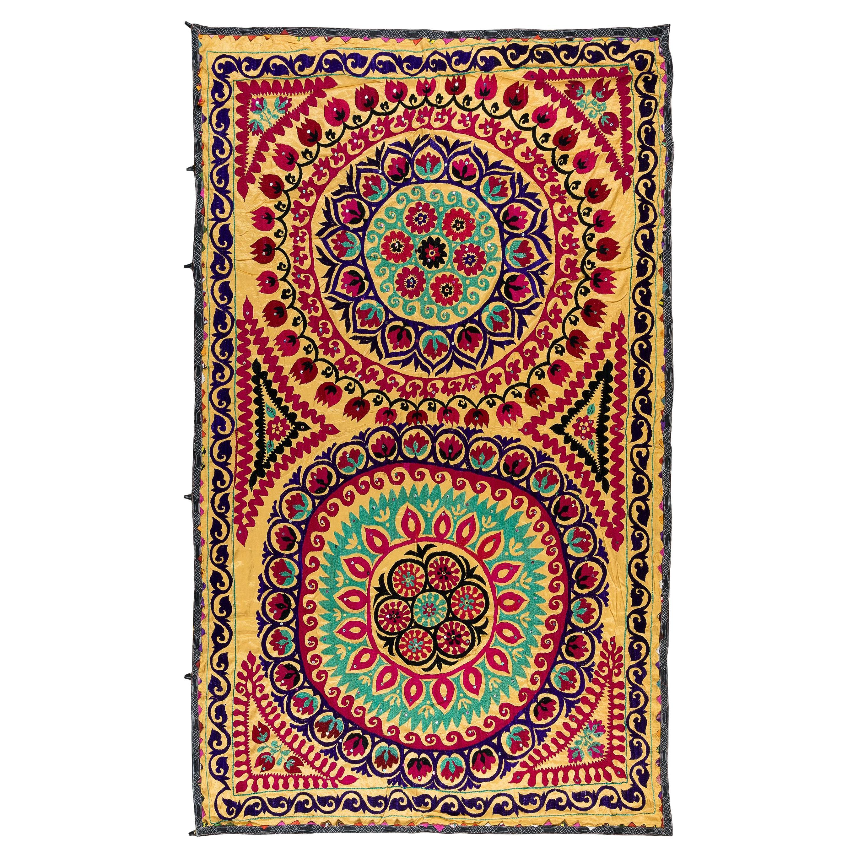 7.9x7.9 Ft Vintage Silk Embroidery Bed Cover, Central Asian Suzani