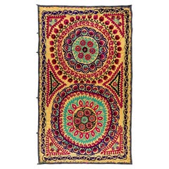5x7.7 Ft Vintage Silk Embroidery Bed Cover, Central Asian Suzani Wall Hanging