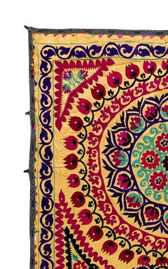 5x7.7 Ft Vintage Silk Embroidery Bed Cover, Uzbek Suzani Fabric Wall Hanging