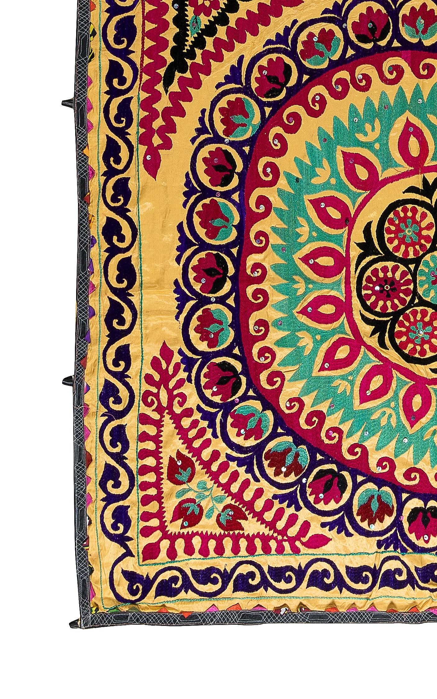 Embroidered 5x7.7 Ft Vintage Silk Embroidery Bed Cover, Uzbek Suzani Fabric Wall Hanging For Sale