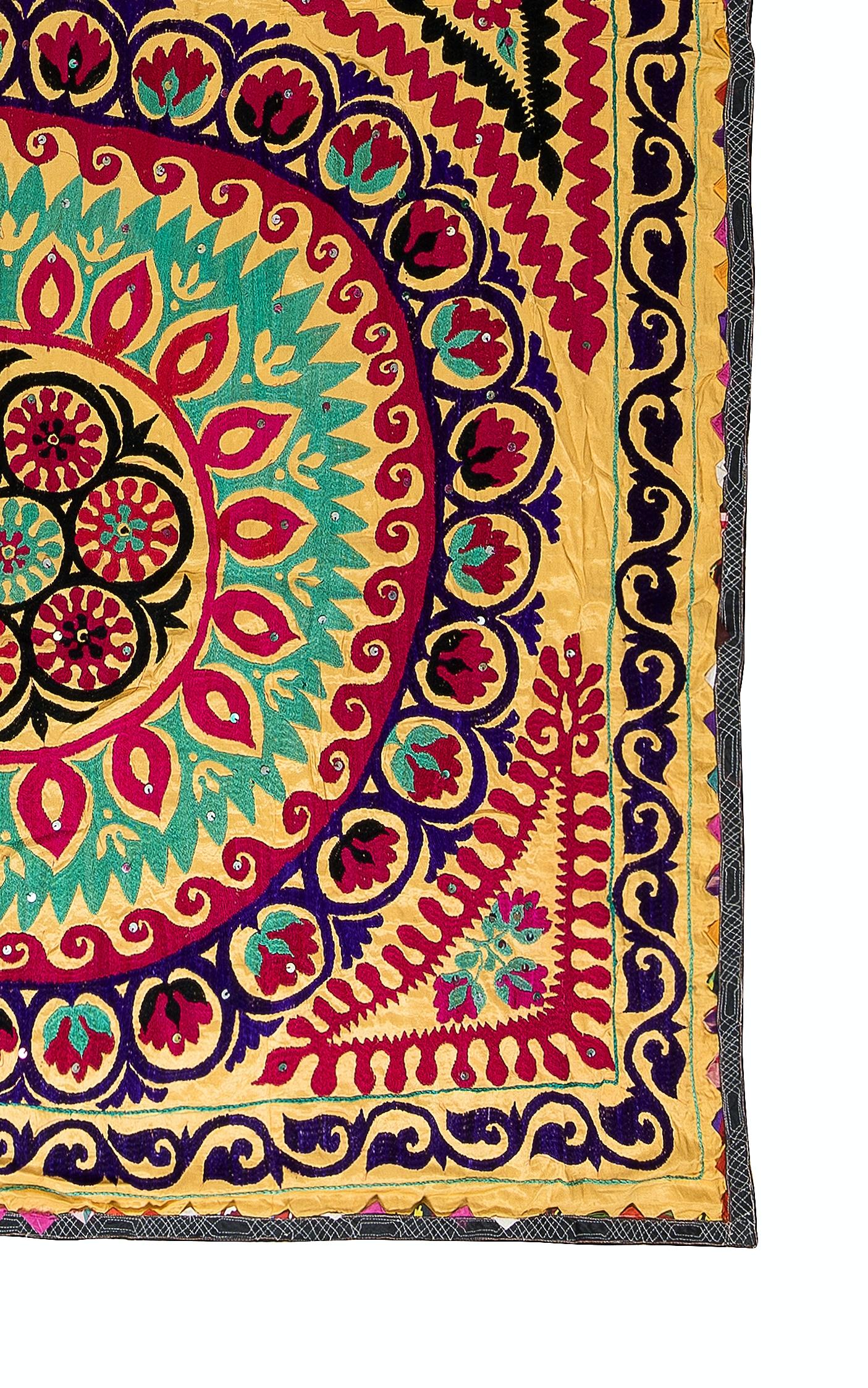 20th Century 5x7.7 Ft Vintage Silk Embroidery Bed Cover, Uzbek Suzani Fabric Wall Hanging For Sale
