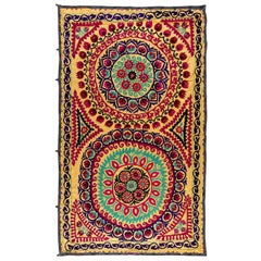 5x7.7 Ft Vintage Silk Embroidery Bed Cover, Uzbek Suzani Fabric Wall Hanging