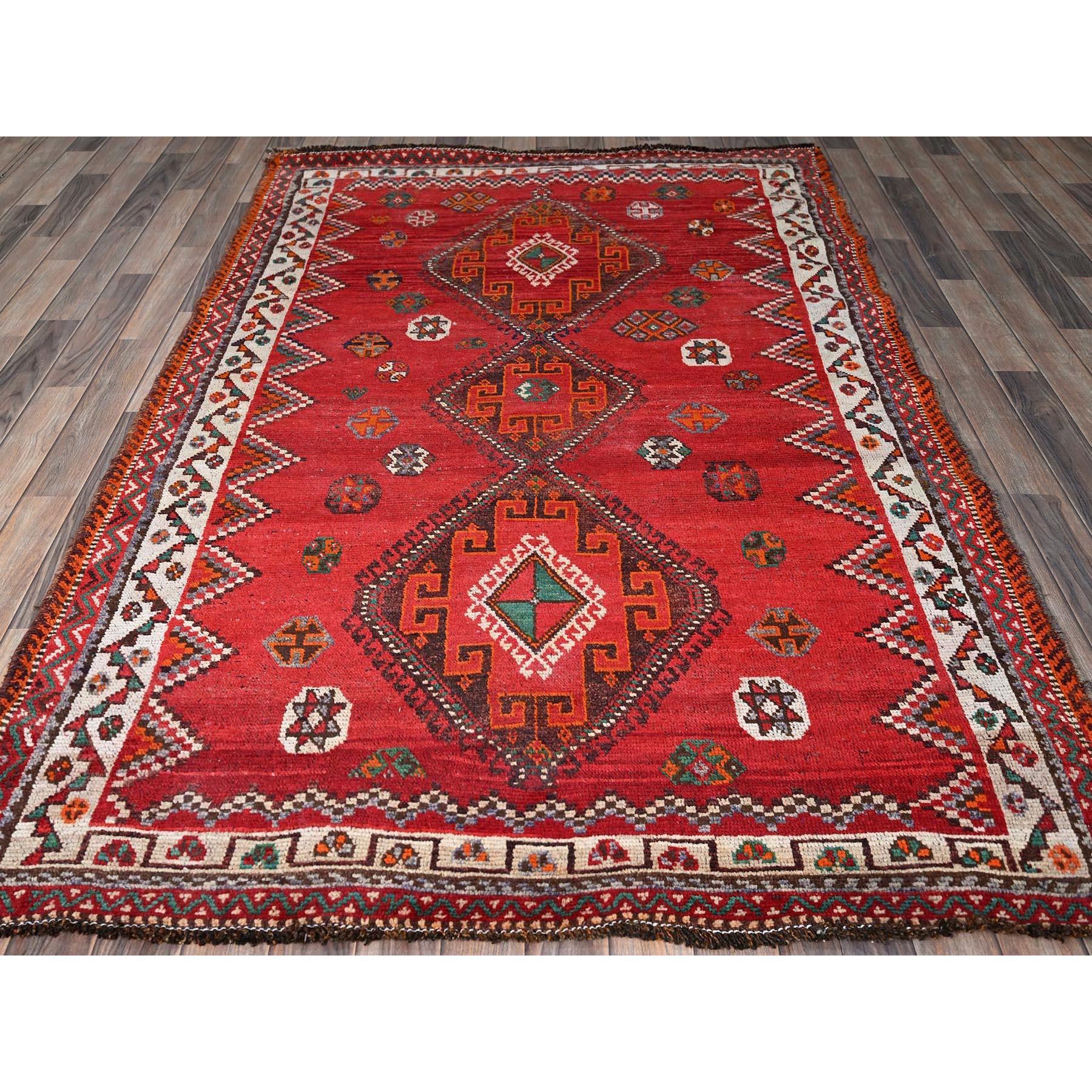 Ajax Red, Vintage Persian Shiraz with Geometric Design, Shaved Down, Zero Pile, Sides and Ends Professionally Secured, Hand Knotted, Pure Wool, Oriental Rug
Primary materials: Wool
Latex: No Pile 
height: 0.25 Inches
Style: Traditional
Primary
