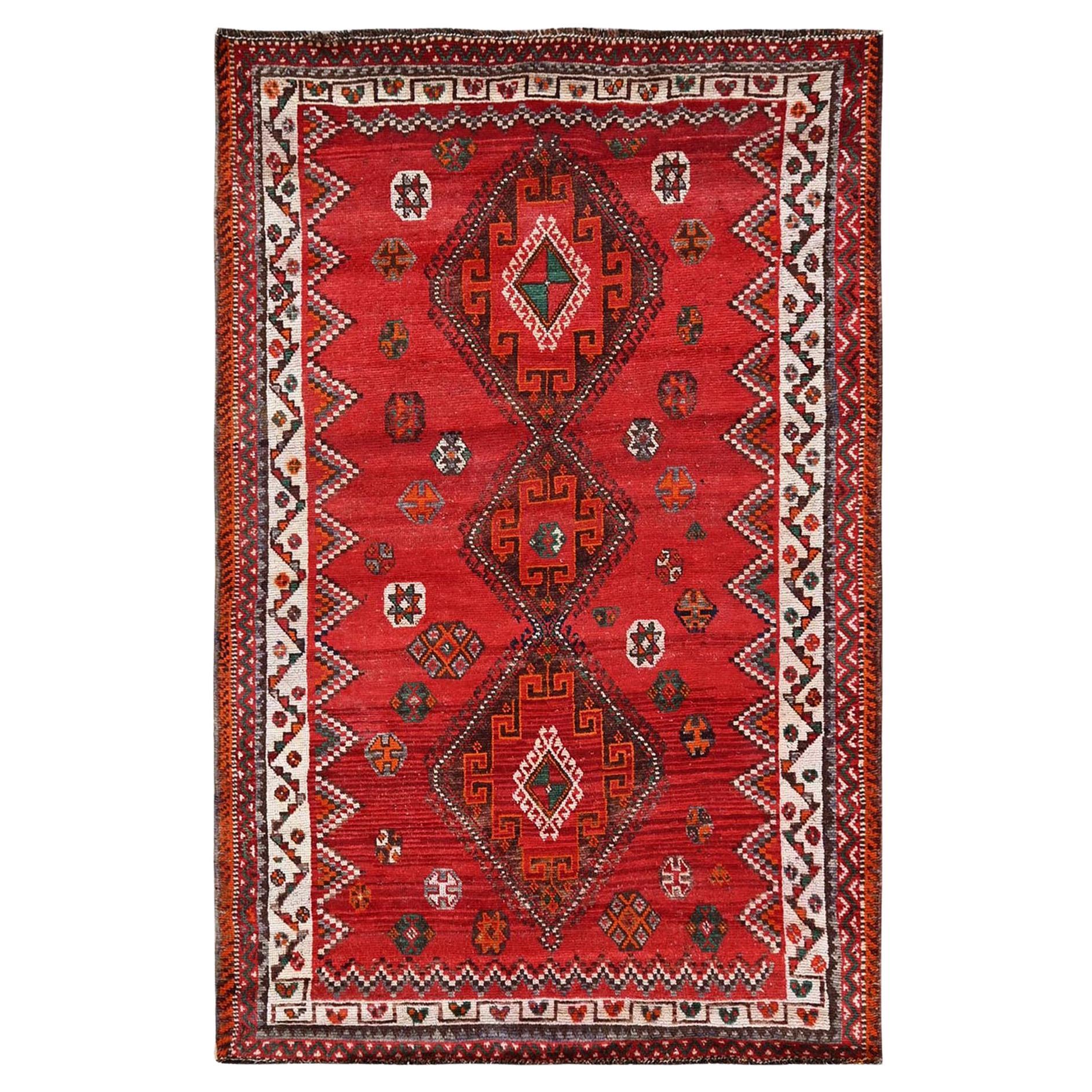 5'x7'7" Red Vintage Persian Shiraz with Geometric Design Hand Knotted Wool Rug