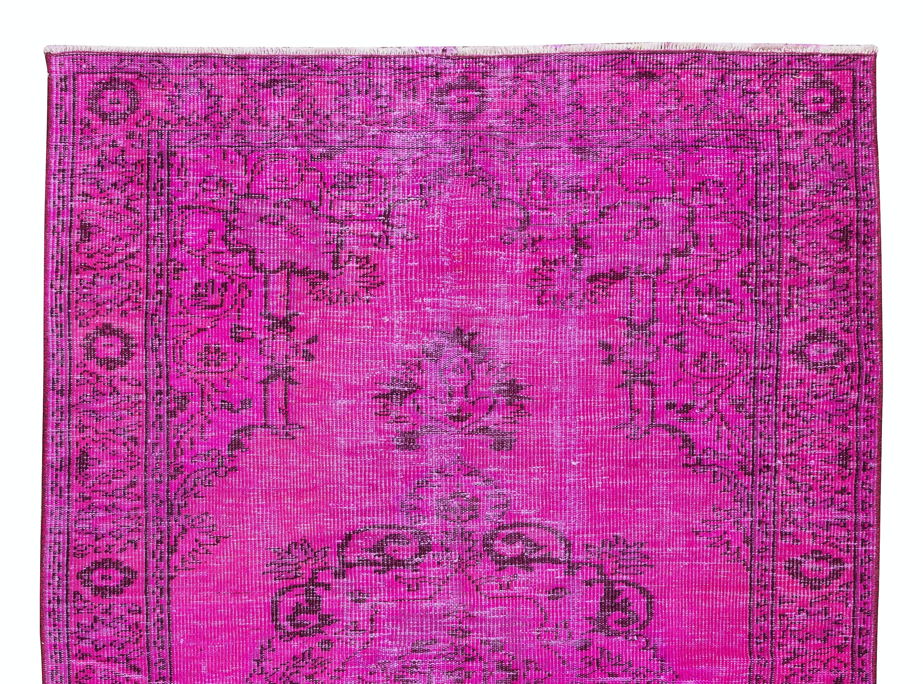Hand-Knotted 5x7.8 Ft Handmade Turkish Carpet, Fuchsia Pink Area Rug, Woolen Floor Covering For Sale