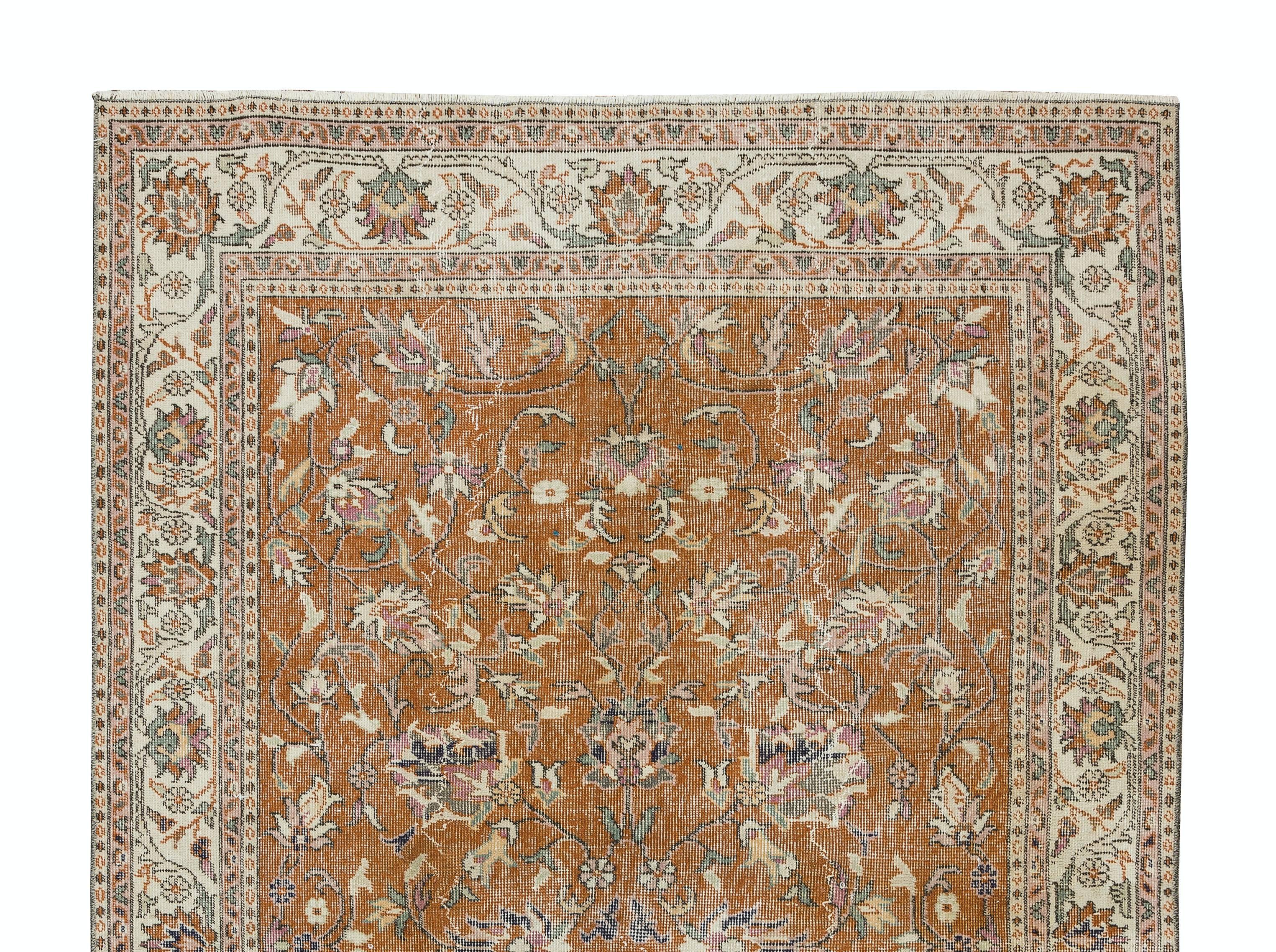 Hand-Woven Vintage Handmade Floral Turkish Wool Area Rug for Living Room Decor