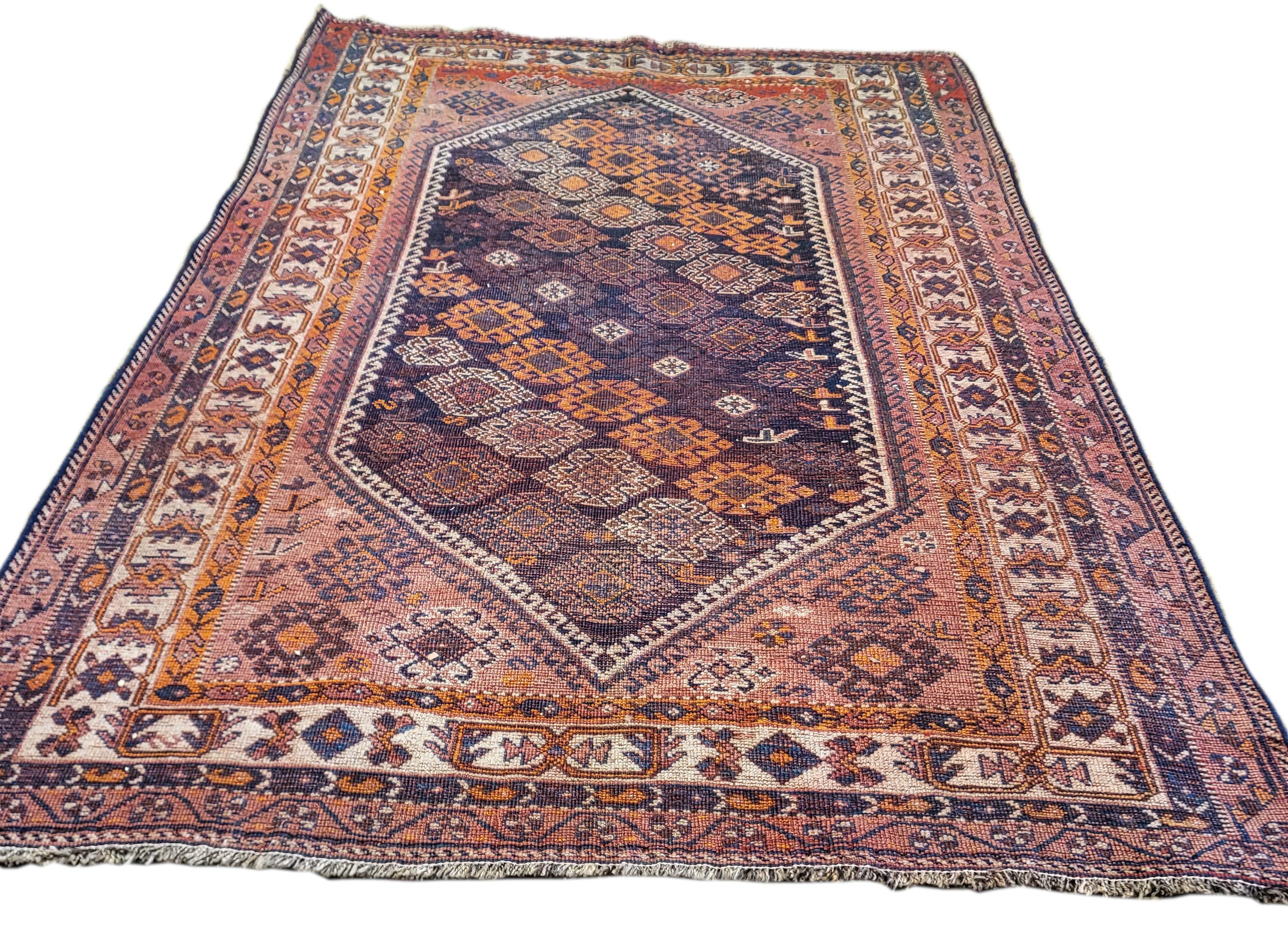 Hand-Knotted 5'x8' Antique Lori - Nomadic / Tribal Persian Rug - Rust & Navy For Sale