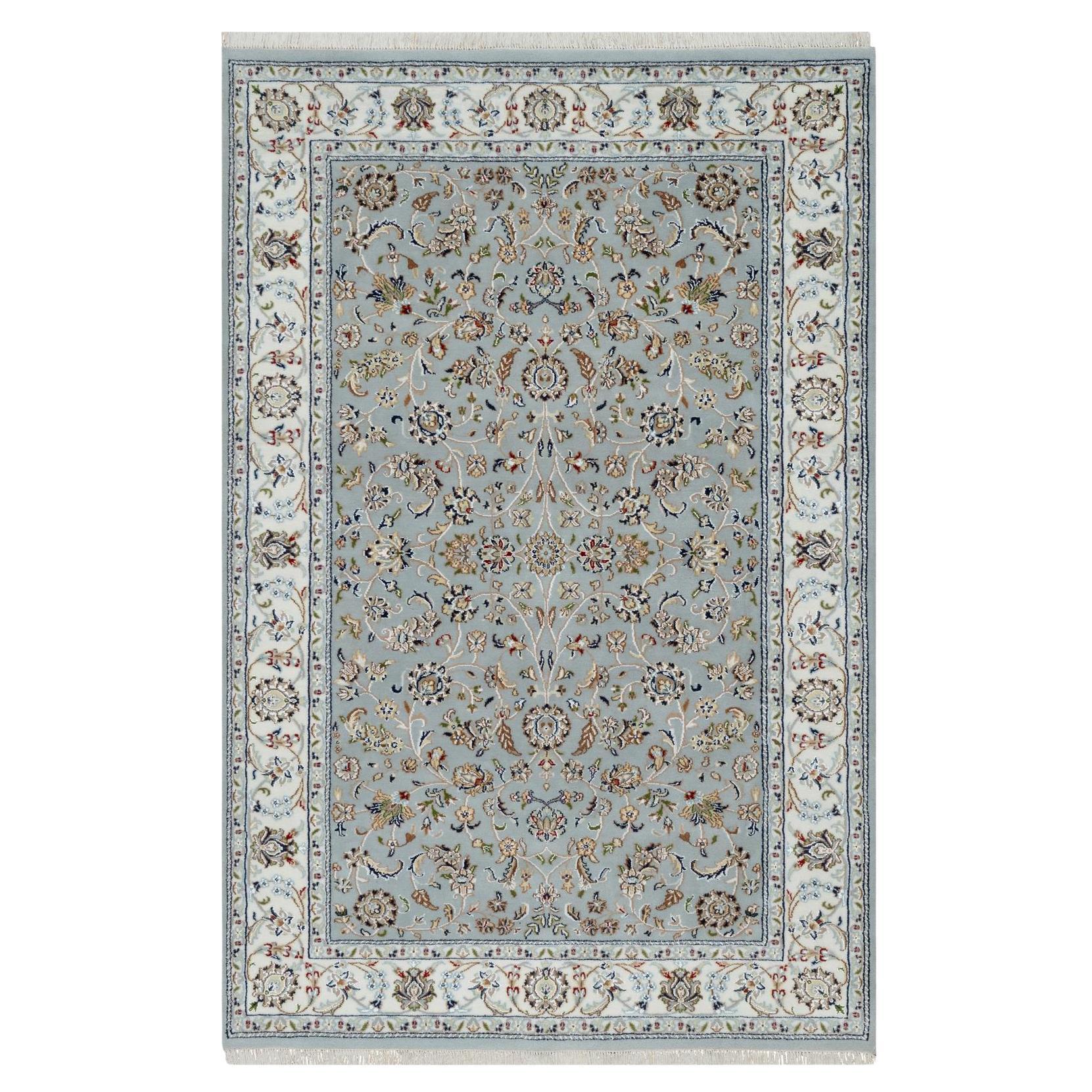 5'x8' Beau Blue Wool and Silk Nain with Flower Design Hand Knotted Rug