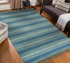 Tappeto moderno 5x8 blu a trama piatta in lana, bambù, seta, orizzonte costiero a strisce