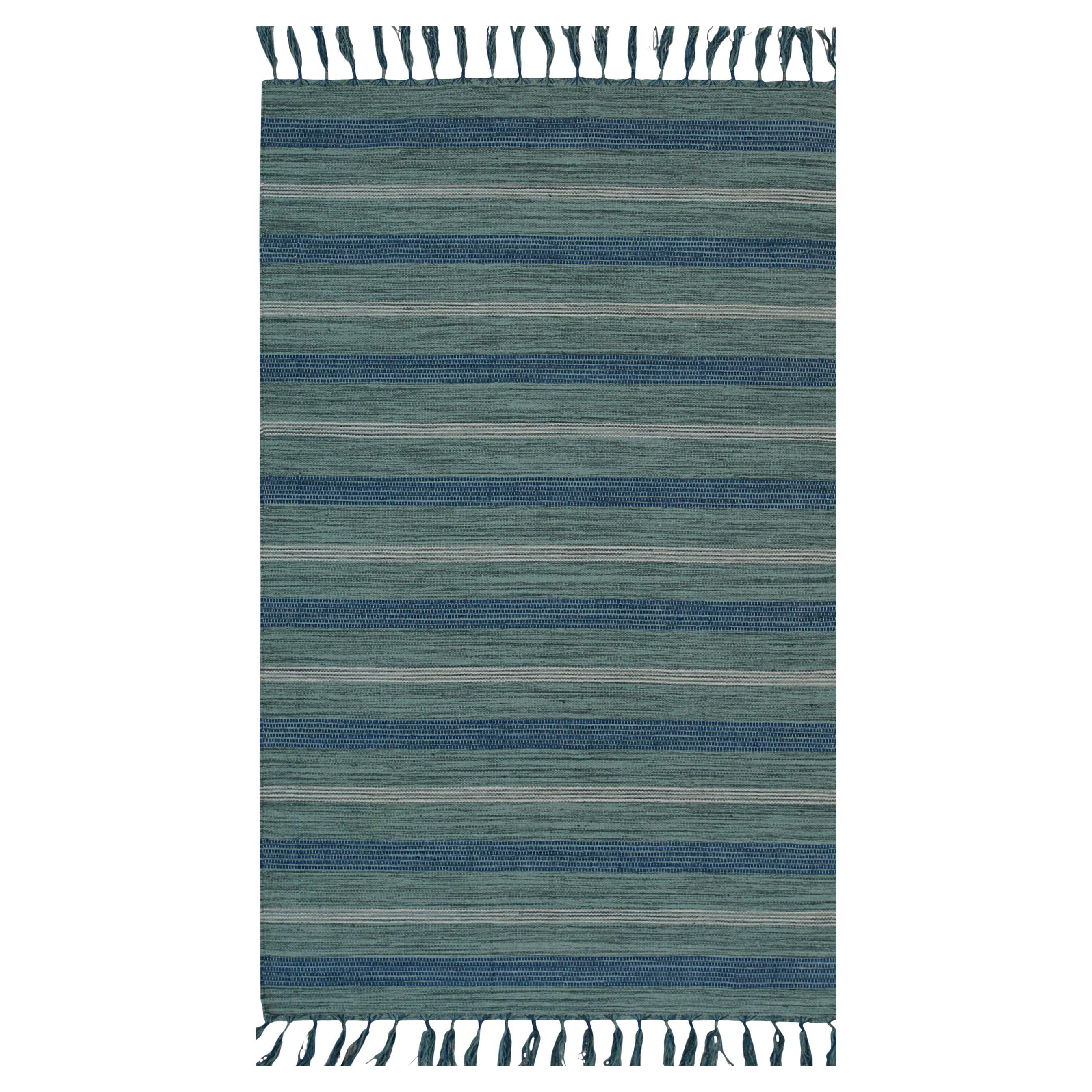 5x8 Blue Flat Weave Wool Bamboo Silk Coastal Horizon Striped Modern Carpet Rug