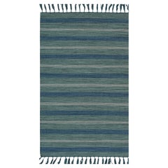 Tappeto moderno 5x8 blu a trama piatta in lana, bambù, seta, orizzonte costiero a strisce
