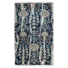 5x8 Blue Hand-Knotted Wool Floral Pomegranate Columns Geometric Carpet Rug