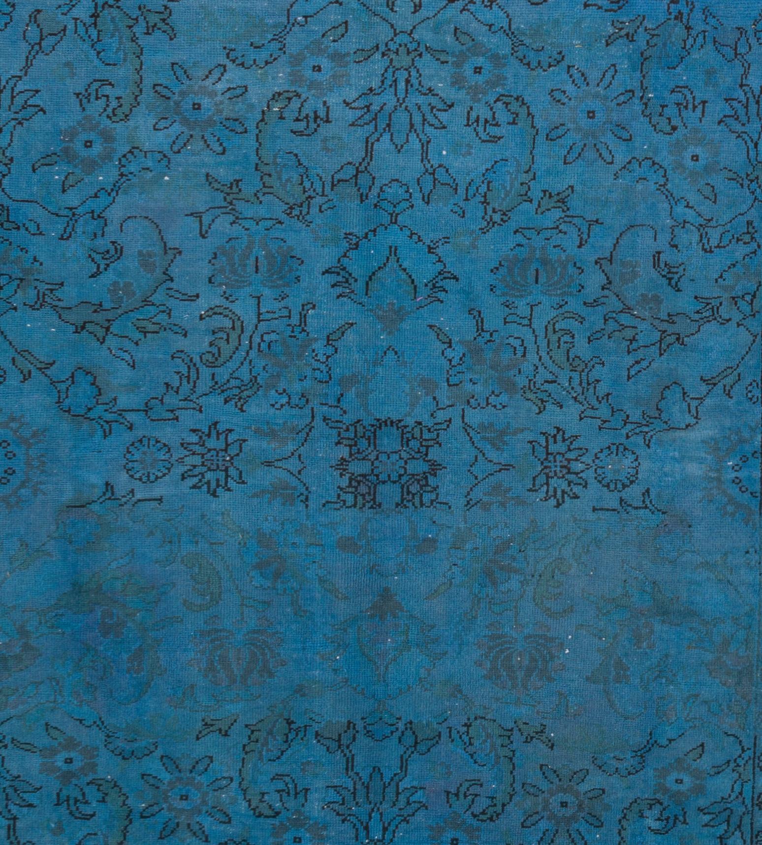 Hand-Woven 1960s Turkish Rug Re-Dyed in Blue Color, Ideal for Contemporary Interiors