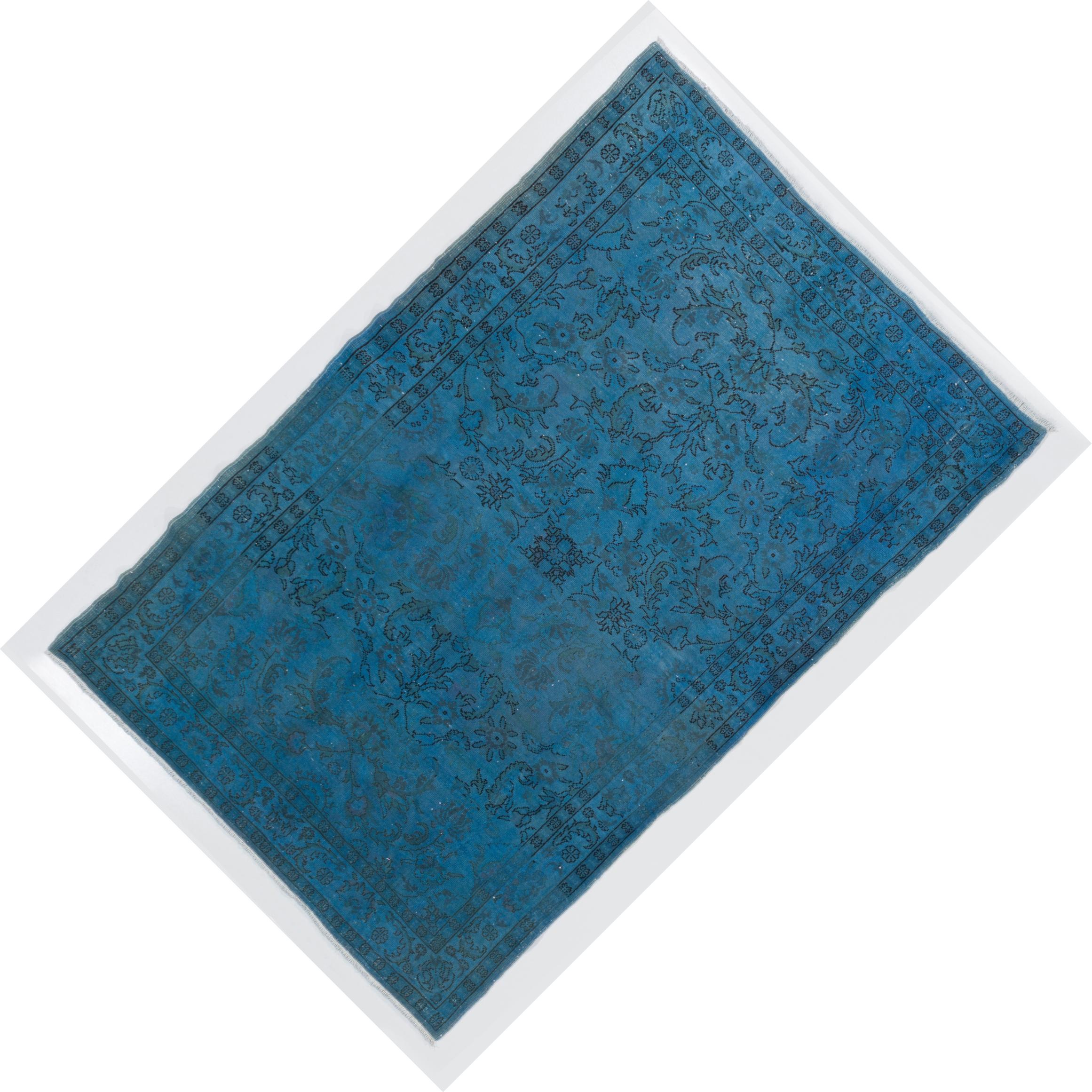 Wool 1960s Turkish Rug Re-Dyed in Blue Color, Ideal for Contemporary Interiors
